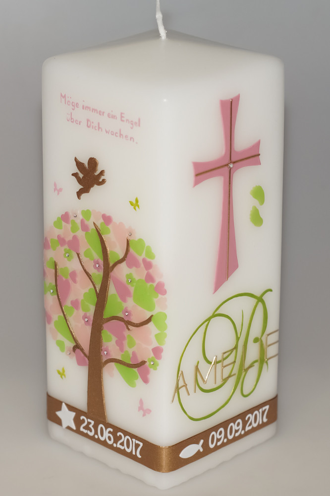 Taufkerze Herzbaum viereckig mit Monogramm