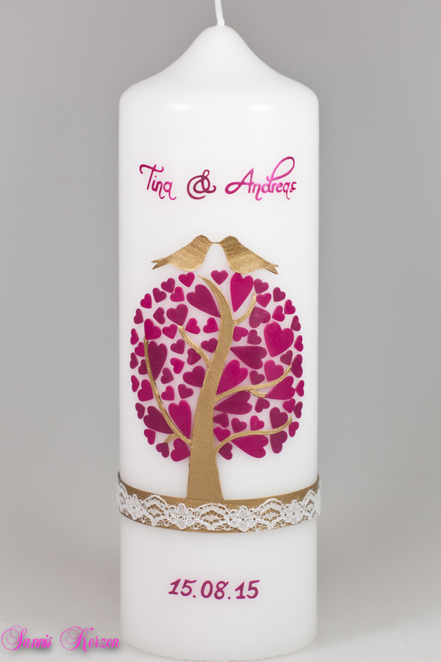 Hochzeitskerze Herzbaum mit zarter Spitze