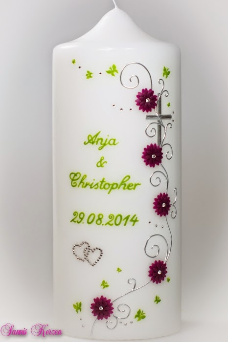 Hochzeitskerze "romantisch und Blütenranke" mit Schmetterlingen
