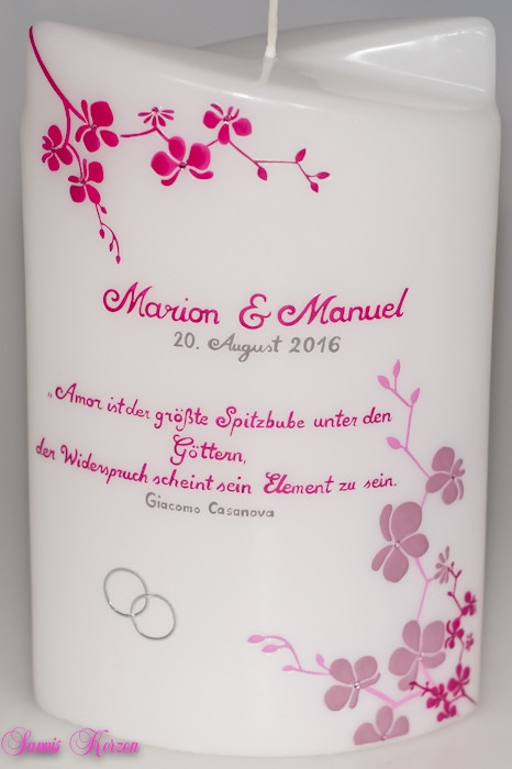 Hochzeitskerze Orchideen mit Spruch doppelt oval abg.