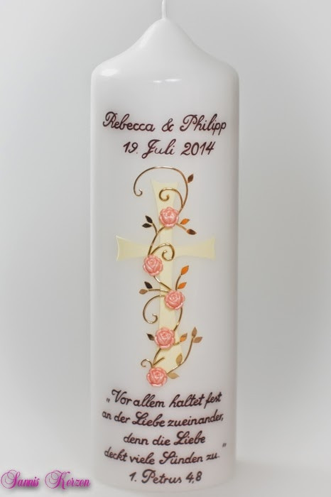 Hochzeitskerze "Kreuz mit Blüten" und Spruch