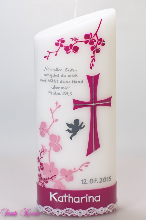 Taufkerze Orchideen mit Spruch und Spitze oval abg.