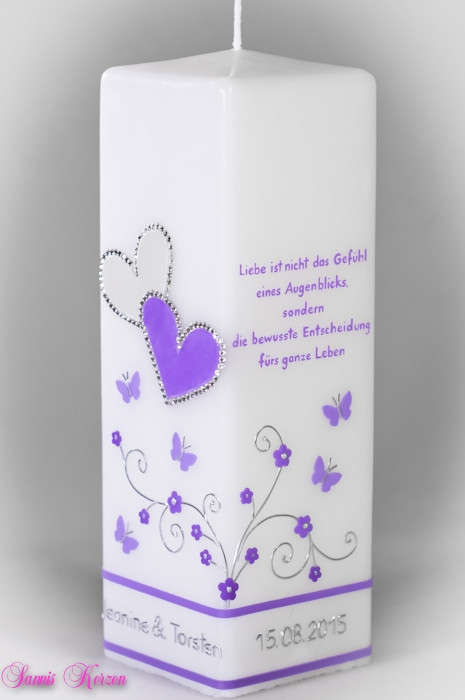 Hochzeitskerze Schmetterlingsranken mit Spruch viereckig groß