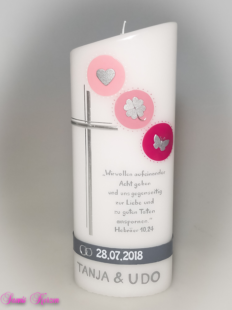 Hochzeitskerze Zeichen mit Trauspruch oval abg.
