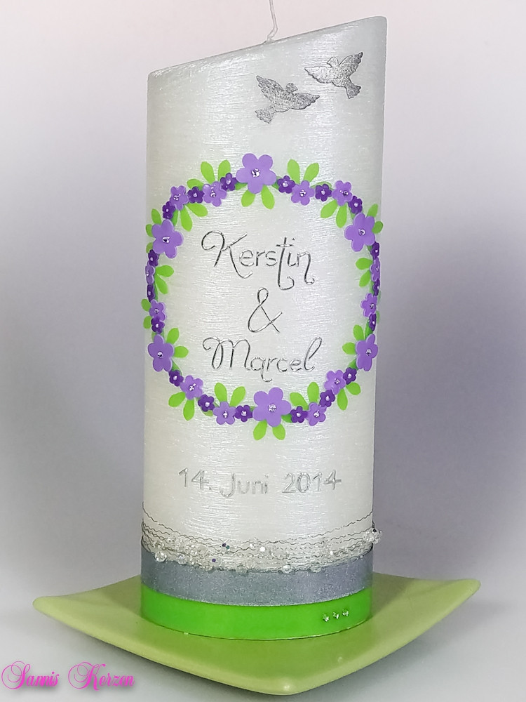 Hochzeitskerze Blütenkranz oval abg Perlmutt