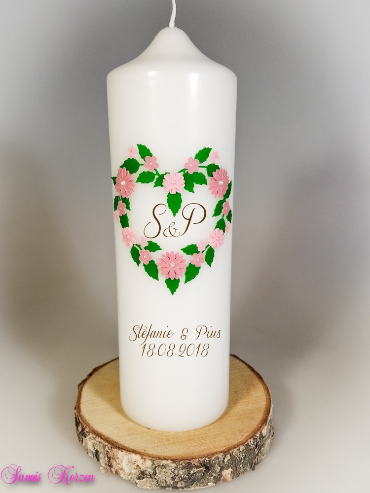 Hochzeitskerze Vintage Blütenherz mit Monogramm
