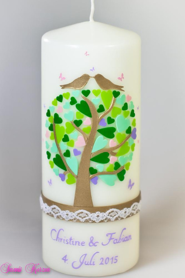 Hochzeitskerze Herzbaum mit zarter Spitze